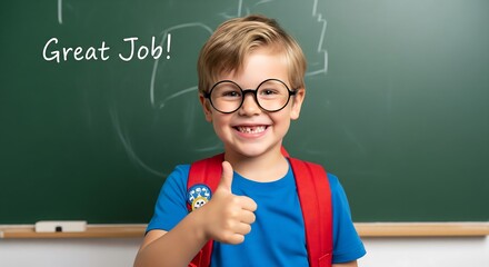 Happy Back to School Portrait of Cheerful Student Wearing Glasses and Red Backpack Smiling in Front of Chalkboard with Math Equations Bright Classroom Lighting Positive Energy Academic Concept