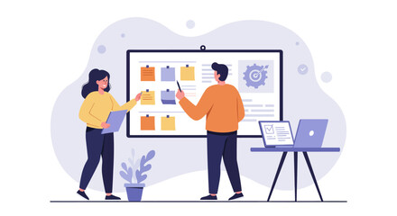 Team collaboration in modern office setting with sticky notes and presentation board