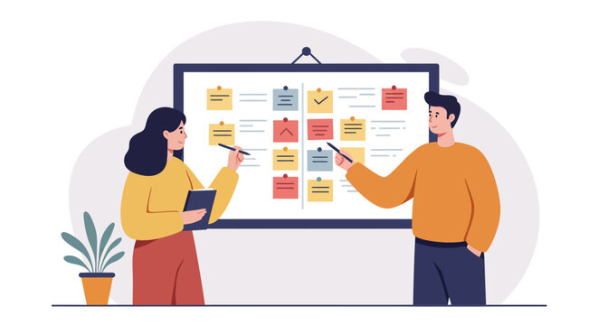 Team collaboration and planning on kanban board in modern office setting