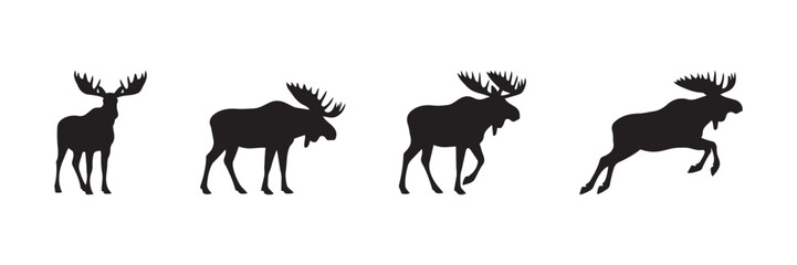 Moose Silhouette Collection. Black vector icon set of a moose in different poses.  Includes standing, walking, and running animation or movement sequence. Vector Isolated wild forest animal elements