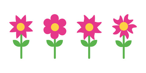 Cute Modern Flower Icon Set. Simple flat vector illustrations of pink spring flowers. Cartoon floral elements collection for nature or garden design Vector