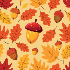 Autumn pattern with colorful leaves and acorns on a warm background