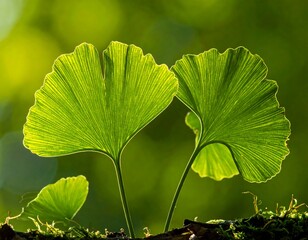 Close-up of delicate ginkgo biloba leaves with verdant sunlight