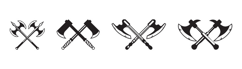 Fototapeta premium Vintage Crossed Axes Icon Set. Black vector silhouette collection of medieval weapons. Includes crossed battle axes, Viking or barbarian style elements ideal for logos, emblems, or tattoo designs.