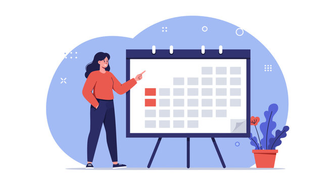 Woman presenting on calendar board with minimalist design in office space