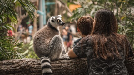 Obraz premium Mother and son observing a ring tailed lemur at a Singapore zoo