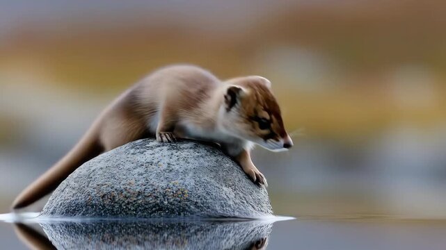 Alert weasel sits atop rock in water, blurred background