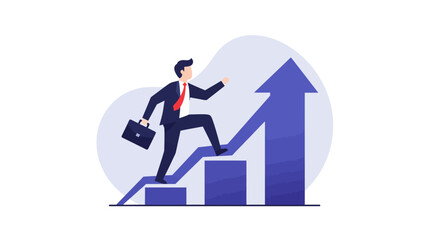 Businessman climbing success ladder with upward arrow in modern flat design