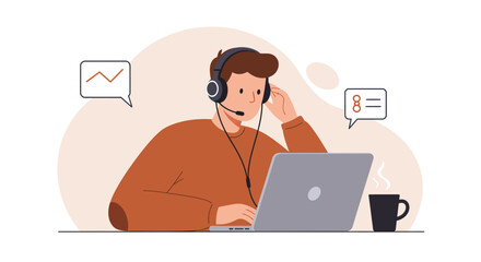 Customer support specialist working remotely with headset and laptop