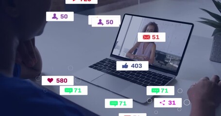 Woman joining marketing call causing animated icons updating engagement metrics on laptop - Powered by Adobe
