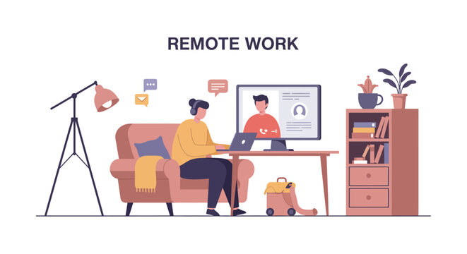 Home office setup with remote work scene featuring video conference and cozy interior