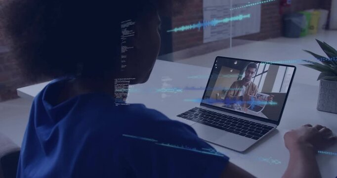 Woman initiating laptop call with male colleague, overlaying waveforms and code for data analysis