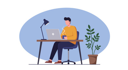 Person working at desk with laptop and coffee in modern flat style