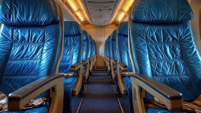 Airplane interior, blue leather seats, aisle view