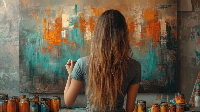 Artist with long hair, painting abstract art