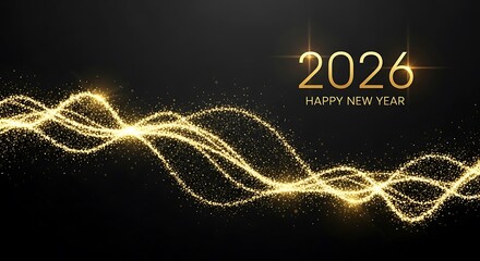 Naklejka premium Wavy Golden Light Streaks and Particles with 2026 Happy New Year Message on Black image photo
