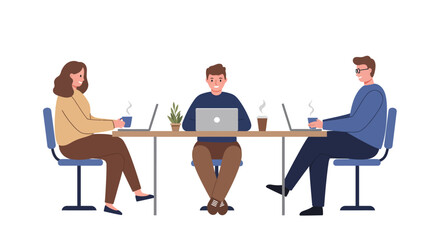 Office team collaboration with laptops and coffee in flat style