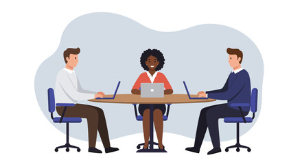 Obraz premium Team meeting around conference table with laptops in modern office setting