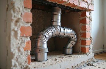Fireplace reconstruction underway inside residential home. New flexible metal chimney liner installed in old brick opening. Heating system repair, upgrade, renovation work. Modern silver ductwork for