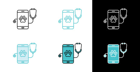 Smartphone with stethoscope and paw icon for online veterinary consultation in line and fill style
