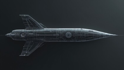 Naklejka na ściany i meble Futuristic rocket design in technical blueprint style. Sleek aerospace model with detailed structure on dark background. Blueprint shows complex engineering, innovative technology for space