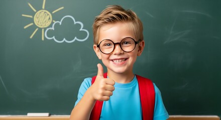 Happy Back to School Portrait of Cheerful Student Wearing Glasses and Red Backpack Smiling in Front of Chalkboard with Math Equations Bright Classroom Lighting Positive Energy Academic Concept