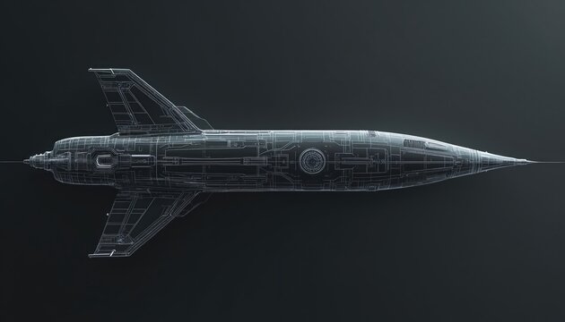 Futuristic rocket design in technical blueprint style. Sleek aerospace model with detailed structure on dark background. Blueprint shows complex engineering, innovative technology for space