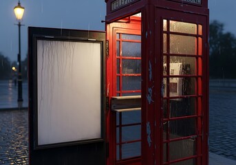 Illuminated Red Telephone Box at Dusk in London.