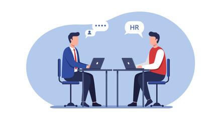 Flat design hr interview scene with two professionals working on laptops