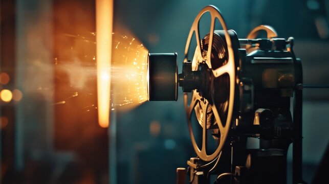A close-up of a vintage film projector emitting bright light and sparks, set against a blurred background. The machinery showcases intricate details.
