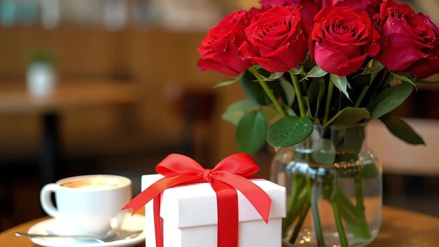 A romantic setup with fresh red roses, a gift box, and a coffee cup on a table.