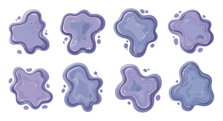 Vector  illustration of eight stylized purple blobs with varying shapes and textures arranged in rows