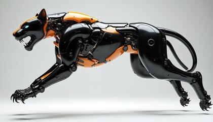 Futuristic robotic panther runs with glowing eyes. This cybernetic big cat blends black and orange mechanical parts. It shows immense strength and speed in this sci-fi animal concept.