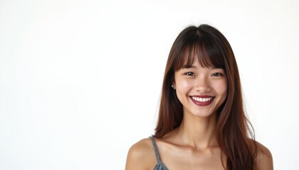 Young Asian woman smiles happily at camera on white background. She has long dark hair with bangs, bright eyes. Her clean face and bright smile show natural beauty, feeling good and happy with life.