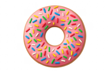 Pink iced donut with colorful sprinkles, transparent background
