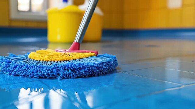 Blue mop cleaning wet tile floor, yellow buckets behind