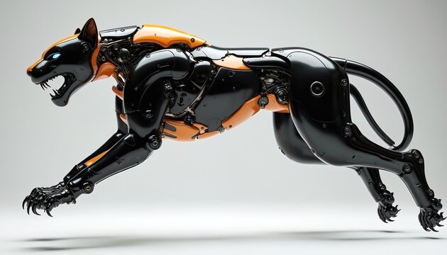 Futuristic robotic panther runs with glowing eyes. This cybernetic big cat blends black and orange mechanical parts. It shows immense strength and speed in this sci-fi animal concept.