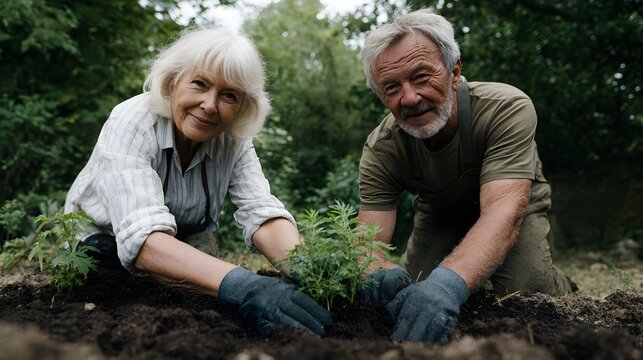 An elderly couple smiling and wearing gardening gloves kneels on the rich soil while planting a small green shrub together in a lush outdoor garden