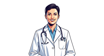 Fototapeta premium Vector a smiling woman wearing a lab coat and stethoscope around her neck, looking at the viewer directly