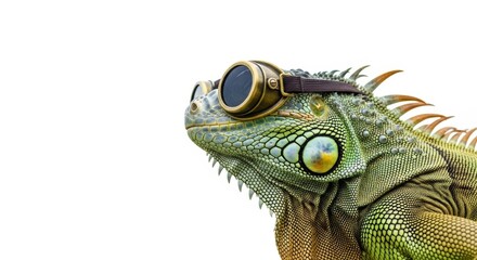 Fototapeta premium iguana wearing goggles on it's head on a solid white background