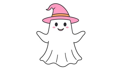 Cute cartoon ghost wearing a pink witch hat, arms out