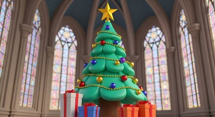 Cartoon christmas tree with gifts in a church interior