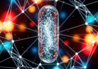 Futuristic capsule with glowing data network background
