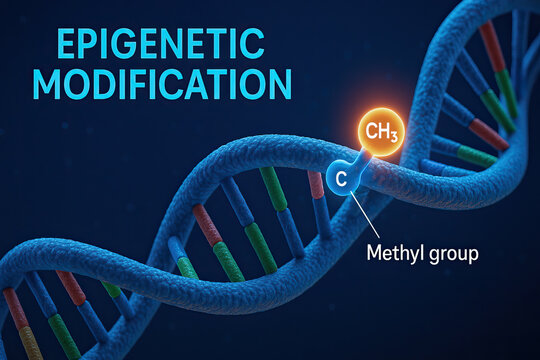 Epigenetic modification concept showing DNA strand with methyl group attached to cytosine highlighting herniated disc health awareness concept and molecular change affecting gene expression