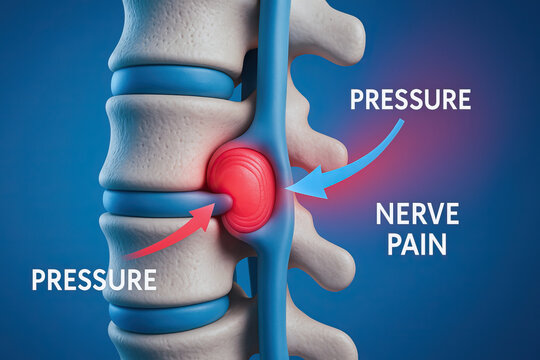 Herniated disc health awareness concept nerve pain pressure anatomy spine illustration showing red protrusion compressing nerve with arrows indicating pressure and painful inflammation
