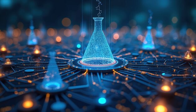Futuristic tech network with glowing blue beakers on circuit board. Innovative design with sparkling particles and connections. Science and technology concept with neon lights and blurred background.