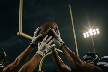 American football players reaching for ball under stadium lights