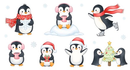 Collection of cute penguins in winter attire