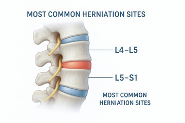 Medical illustration of spine showing most common herniation sites at L4-L5 and L5-S1 levels. Useful for anatomy education, back pain awareness, and physiotherapy or chiropractic visuals.