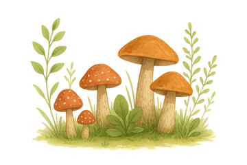 Mushrooms and forest plants growing in grass, natural watercolor style illustration, isolated with transparent background